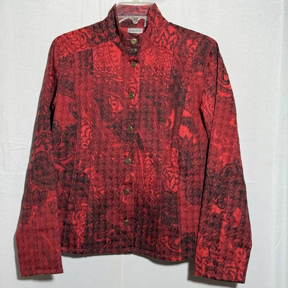 Chico’s Womens Size 1 Medium Red Black Floral Jacquard Button Front Jacket